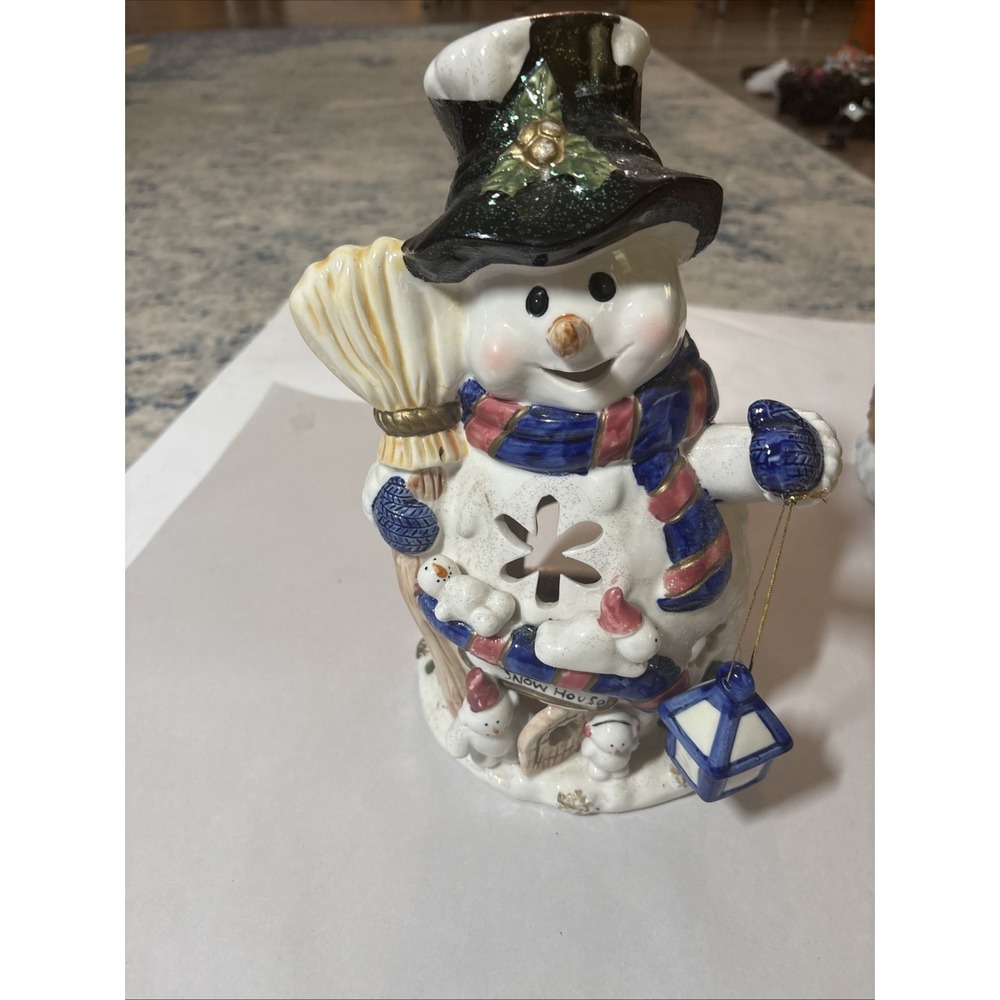 Home & Garden Party Snowman 11" Tealight House Ceramic Christmas Winter EUC